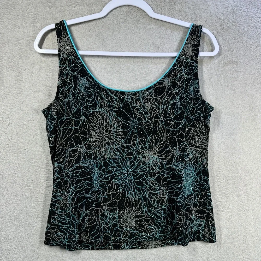 Alex Evenings Twin Set Women M Black Teal Floral Glitter Cardigan Tank Formal